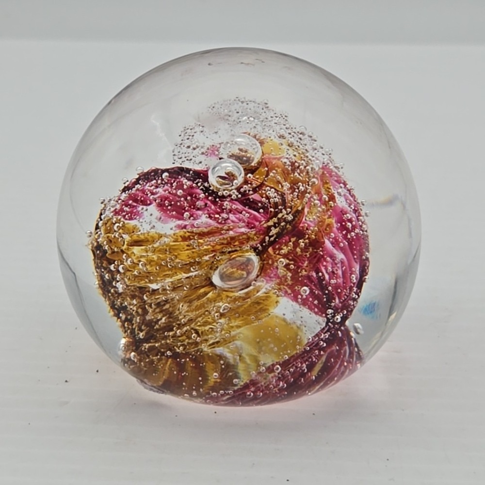 Pink Red Art Glass Paperweight Polished Base Controlled Bubbles 3 Inch Sphere
